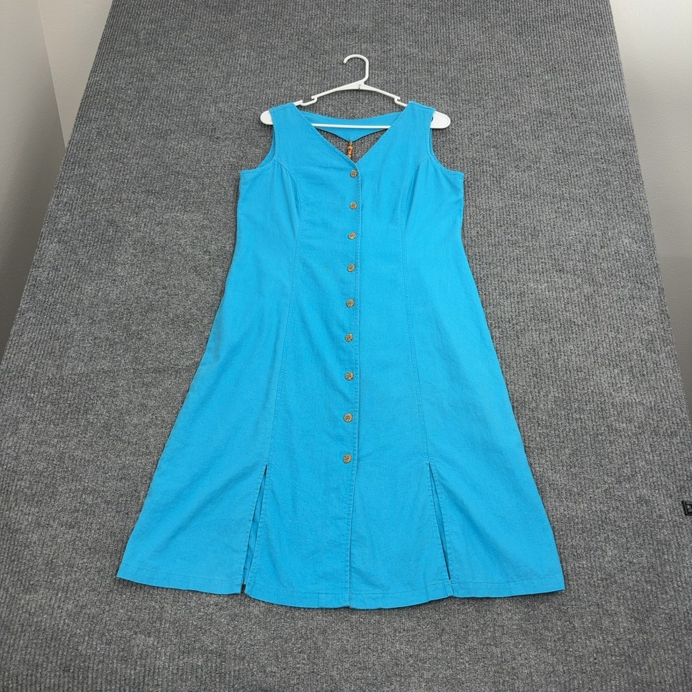 Vintage Erika Dress Women M Blue Linen Blend Button Front Sleeveless Midi Casual